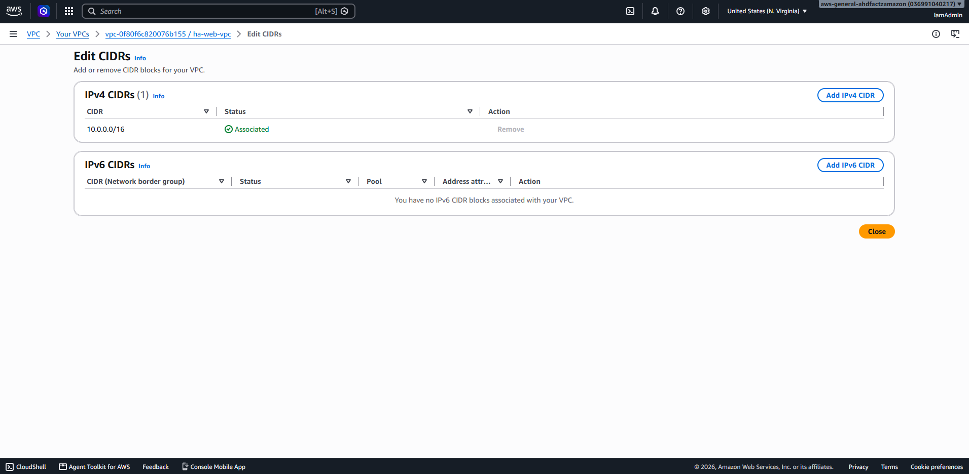 VPC CIDR block configuration