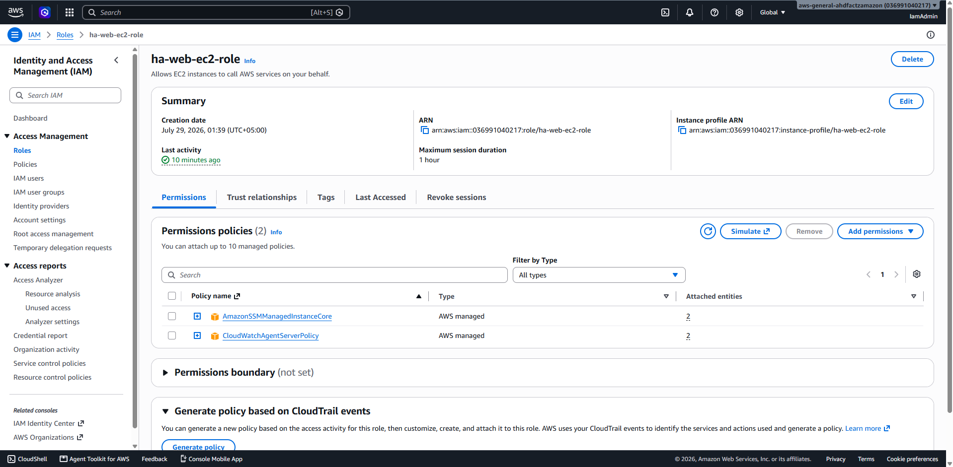 IAM role for the EC2 instances